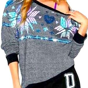 VICTORIA’S SECRET PINK:  Gray Oversized Snowflake Bling Pullover Sweater -Small